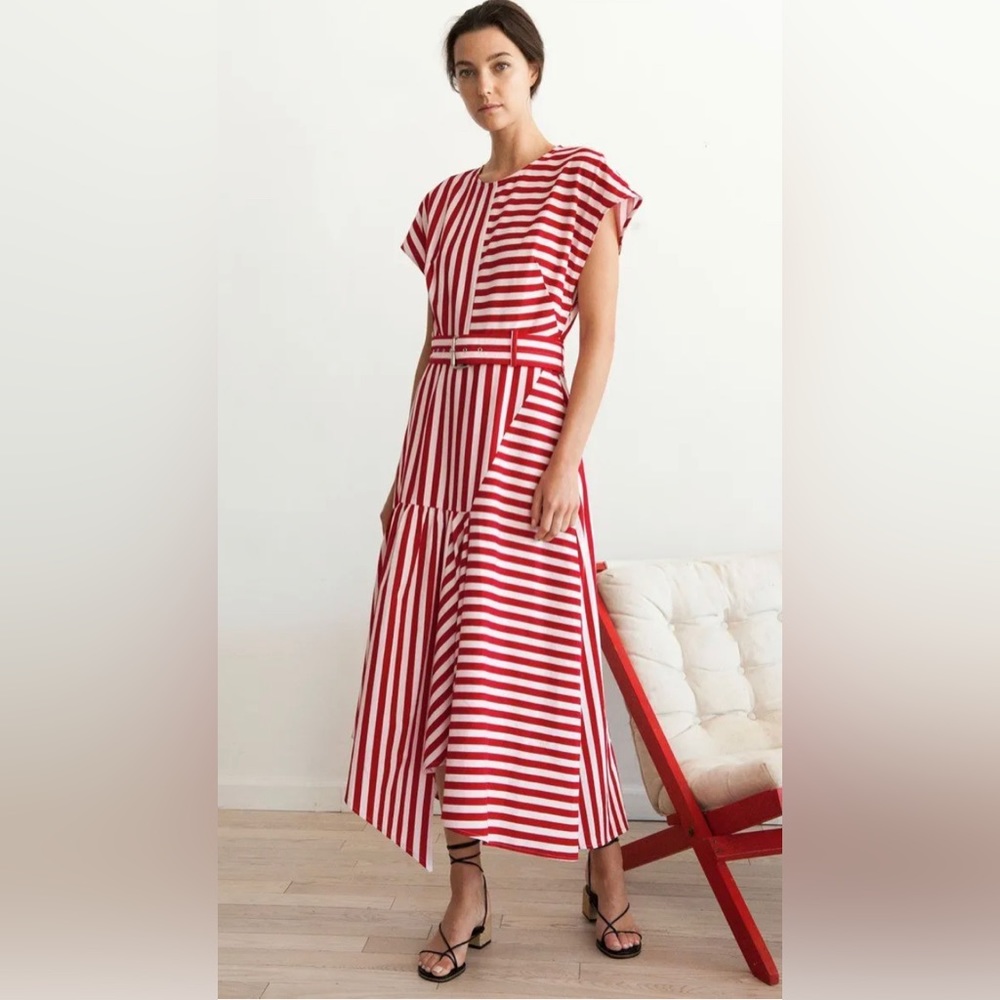 Red Pink Playa Stripe Steady Belted Asymmetric Cotton Midi Dress